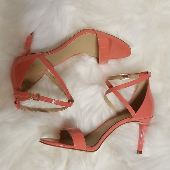 coral mid heel sandals